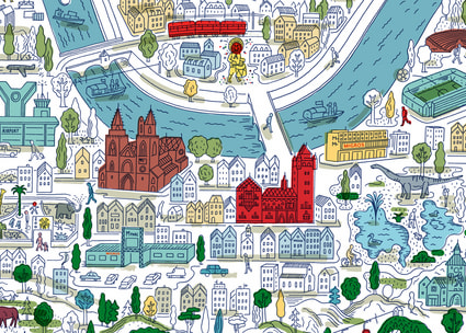 Illustrierte Stadtkarte von Basel Illustration de la ville de Bâle